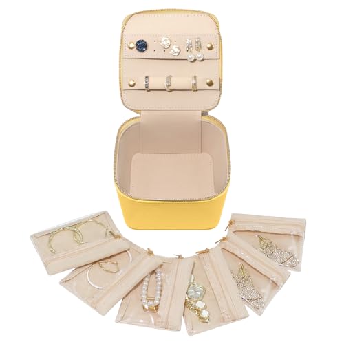 WOOMADA Reise-Schmuckschatulle, tragbare Schmuckschatulle mit 6 Samt-Schmucktaschen mit Reißverschluss, Geschenkidee für Damen (gelb) von WOOMADA
