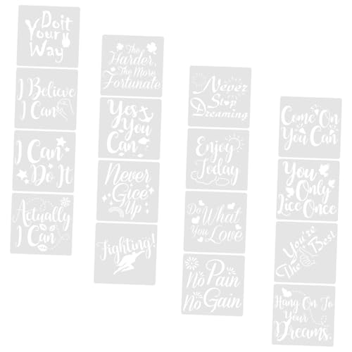 WOONEKY 16 Stück Teiliges Wiederverwendbares Zeichenschablonen aus Kunststoff mit Inspirierenden Sprüchen Klare Muster für DIY Basteln Scrapbooking Wandmalerei und Dekoratives Graffiti von WOONEKY