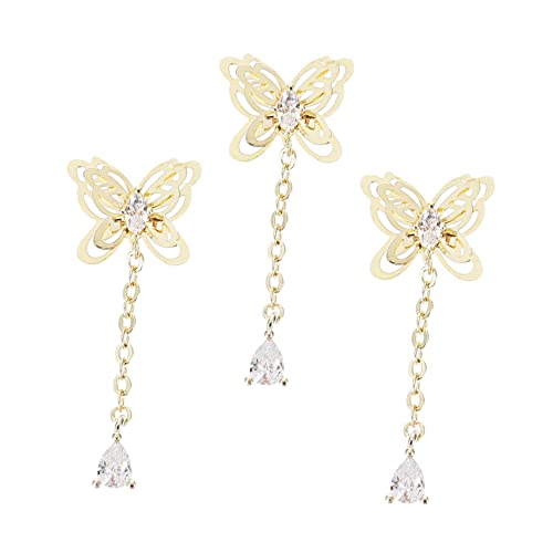 WOONEKY 3 Stück Metal Nail Studs Teiliges Nageldekoration mit Zirkonia Kettenanhängern Langlebig Beschichtetes Echtes Metall für DIY Maniküre Party und Festnagelkunst von WOONEKY