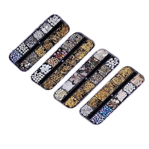 WOONEKY 4 Sätze Nagelkunst Schmuck mit Fächern Bunte Mix Perlen Strasssteine Perlen Metallnieten und Muschel DIY Maniküre Zubehör für Natürliche und Künstliche Nägel Vielseitige von WOONEKY