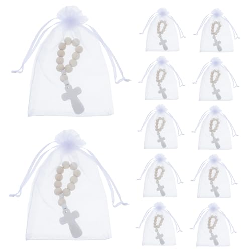 WOONEKY 40 Sätze Holz Rosenkranz Perlen mit Kreuz Armbändern und Organzasäckchen Shower Taufgeschenk Gebetsschmuck für Babyparty Spirituelle Gastgeschenke Festliche Dekoration von WOONEKY