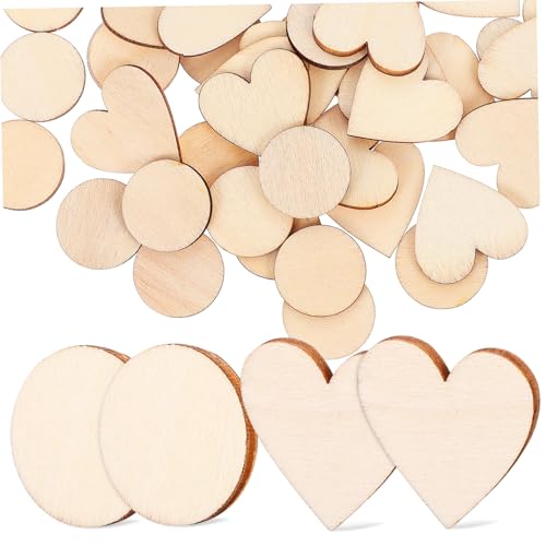 WOONEKY 50 Stck DIY Holzscheiben Runde Herzförmige Naturbelassene Kleine Flache Holzstücke zum Bemalen Gravieren Schnitzen und Dekorieren für Bastelprojekte von WOONEKY