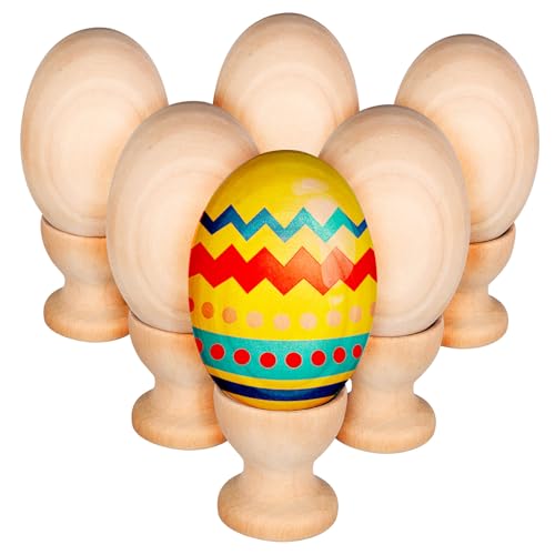 WOONEKY 6 Stück Teiliges Blanko Holzeier mit Holzständern zum Bemalen DIY Holzkunst Eier aus Naturholz Glatte Oberfläche Vielseitig für Ostern Basteln und Dekoration Nachhaltige von WOONEKY