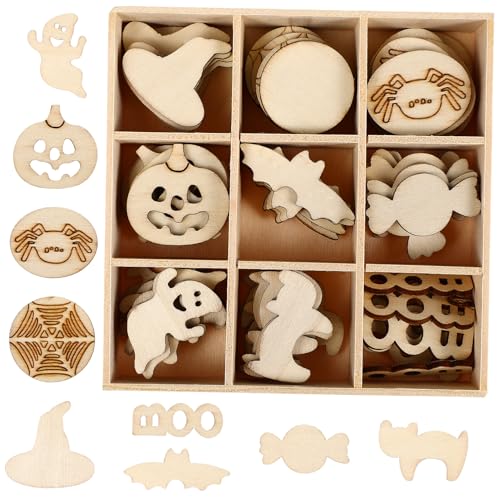 WOONEKY 72 Stück Teiliges Halloween Holzdekoration Langlebige DIY Handwerks Holzstücke Vielseitige Formen Holzanhänger für Party Deko und Kreative Bastelprojekte von WOONEKY