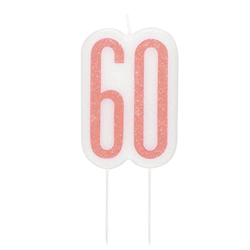 WOOOOZY NEU Kerze zum Einstecken in Kuchen & Co., 60. Geburtstag, weiß & rosa, glitzernd, Höhe: ca. 7 cm von PAPSTAR