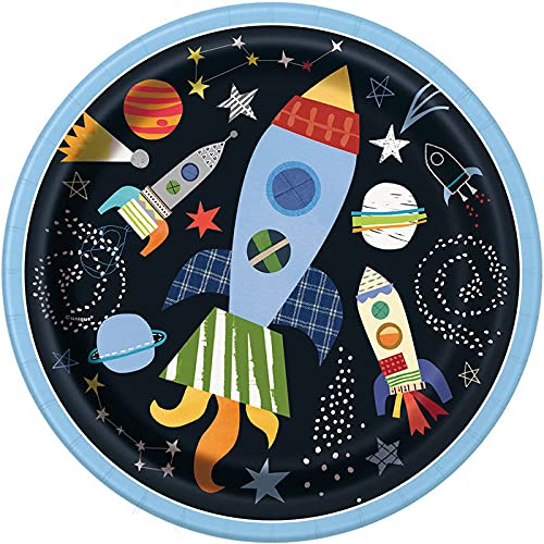 WOOOOZY NEU Teller aus Pappe, Weltall / Rakete für Kindergeburtstag Junge, schwarz / blau, Größe ca. 23 cm, 8 Stück von PAPSTAR