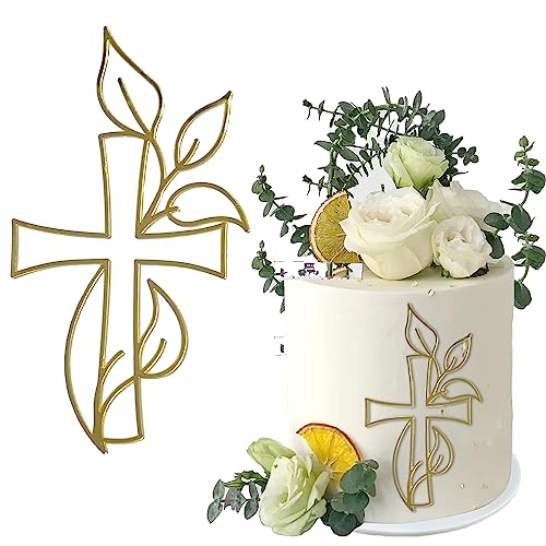 WOOXDYUK 1 Stück Kuchendeko Kreuz Cake Topper Taube Gold Acryl Torte Deko, Schillernder Spiegeleffekt für Hochzeit, Geburtstag, Weihnachten, Party & mehr, Kreuz und Blätter von WOOXDYUK