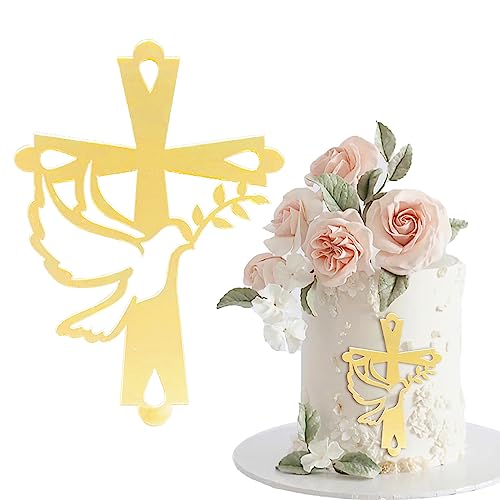 WOOXDYUK 1 Stück Kuchendeko Kreuz Cake Topper Taube Gold Acryl Torte Deko, Schillernder Spiegeleffekt für Hochzeit, Geburtstag, Weihnachten, Party & mehr, Taube und Kreuz von WOOXDYUK