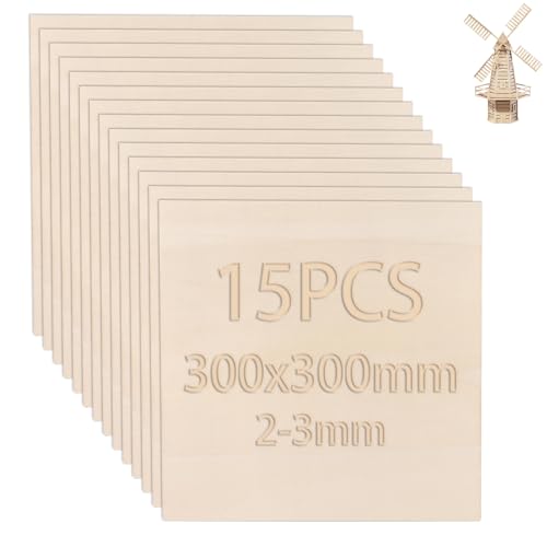 WOPPLXY 15 Stück Bastelholz Platten, 300 x 300 mm Balsaholz 2mm-3mm, Bastel Holzplatte aus Pappelholz für Basteln, DIY Modell, Gemälde Kunst, Laserprojekte von WOPPLXY