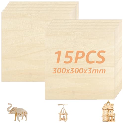 WOPPLXY 15 Stück Sperrholzplatte 3mm, Lindenholz 300 x 300 x 3mm, Holzplatte für DIY Modell, Laserprojekte, Gemälde, Handwerk von WOPPLXY