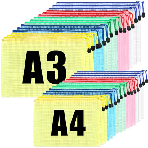 WOPPLXY 30 Stücke Dokumententasche, A3+A4 5 Farben Mesh Beutel mit Reißverschluss, Plastic Zip Tasche für Dokumente, Kosmetika, Quittungen, Papier, Schreibwaren von WOPPLXY
