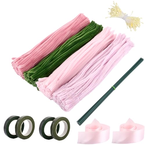 WOPPLXY 600 Stück Pfeifenputzer zum Basteln, Pipe Cleaner mit 40 Blumendraht Grün, 2 Blumenband, 4 Klebebandrollen, 320 Blumen Staubblatt, 2 Blatt Geschenkpapier, 4 Farben Pfeifenreiniger Blumen Set von WOPPLXY
