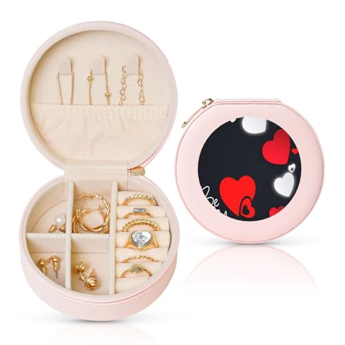 WOPQS Runde Leder-Schmuckschatulle mit Aufschrift "Happy Valentine's Day", Schmuck-Display, Organizer, Aufbewahrung, kleine Zubehörbox WOPQS Runde Leder-Schmuckschatulle mit Aufschrift "Happy Valentine's Day", Schmuck-Display, Organizer, Aufbewahrung, kleine Zubehörbox von WOPQS