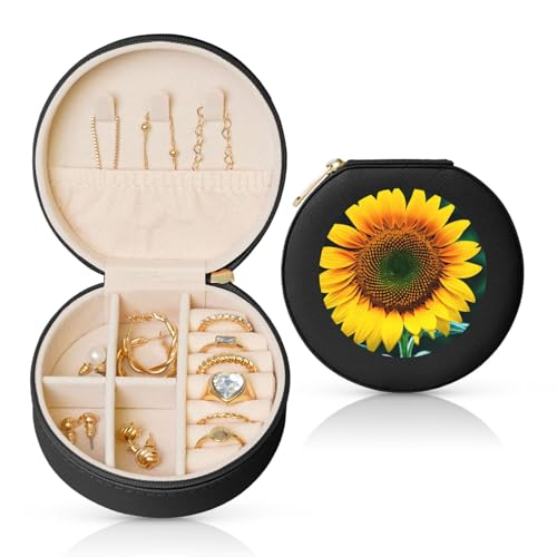 WOPQS Runde Leder-Schmuckschatulle mit Sonnenblumenmuster, Schmuck-Display, Organizer, Aufbewahrung, kleine Zubehörbox WOPQS Runde Leder-Schmuckschatulle mit Sonnenblumenmuster, Schmuck-Display, Organizer, Aufbewahrung, kleine Zubehörbox von WOPQS