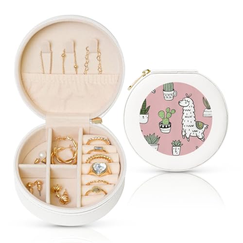WOPQS Runde Schmuckschatulle aus Leder mit Alpaka und Kaktus, Schmuck-Display, Organizer, Aufbewahrung, kleine Zubehörbox WOPQS Runde Schmuckschatulle aus Leder mit Alpaka und Kaktus, Schmuck-Display, Organizer, Aufbewahrung, kleine Zubehörbox von WOPQS