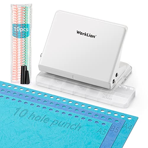 Bindemaschine für Planer: WORKLION Metallstanzer mit 10 Löchern und mehrfarbigen 30-Loch-Binderingen (10 Stück) für die Herstellung von 26 Löchern auf B5-Papier, 30 Löcher auf A4, 20 Löcher auf von WORKLION