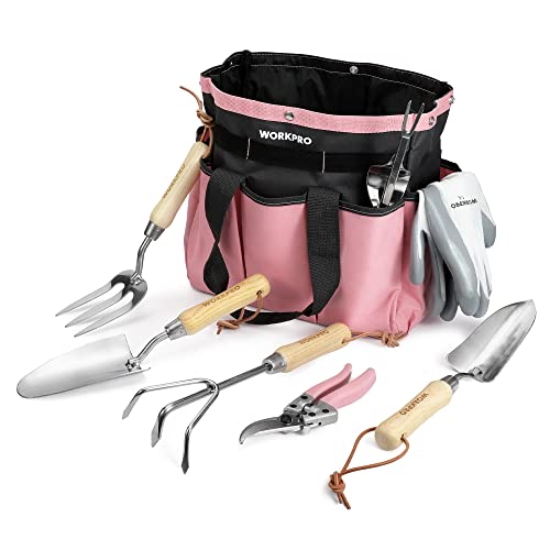 WORKPRO Gartenwerkzeug Set, 8 in 1 Rosa Gartengeräte mit Aufbewahrungstasche, aus Edelstahl, Gartenschaufel mit Holzgriff, Blumenschere, Gartenkralle, Handgrubber, Geschenk für Gärtnerin und Gärtner von WORKPRO