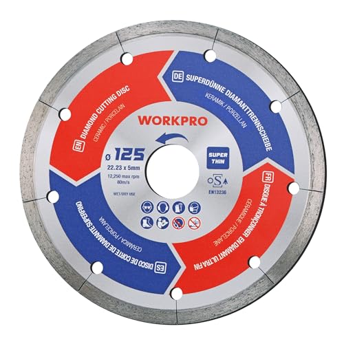 WORKPRO Profi Diamanttrennscheiben 125mm x 22,23mm, 1,2 mm superdünne Diamantscheibe für Trocken- & Nassschnitt von Keramik und Fliesen, Kompatibel mit Winkelschleifer von WORKPRO