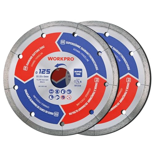 WORKPRO Profi Diamanttrennscheiben 125mm x 22,23mm 2 Stück, 1,2 mm Superdünne Diamantscheibe für Trocken- & Nassschnitt von Keramik und Fliesen, Kompatibel mit Winkelschleifer WORKPRO Profi Diamanttrennscheiben 125mm x 22,23mm 2 Stück, 1,2 mm Superdünne Diamantscheibe für Trocken- & Nassschnitt von Keramik und Fliesen, Kompatibel mit Winkelschleifer von WORKPRO