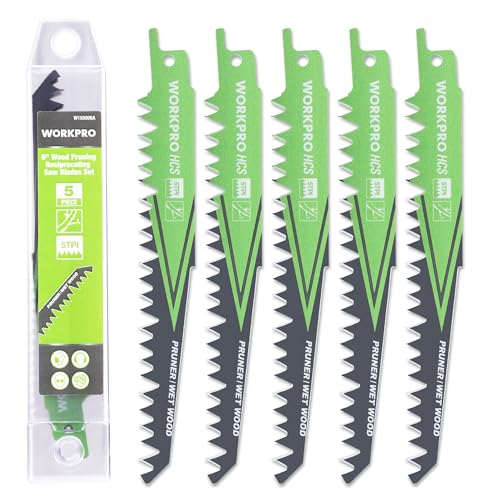 WORKPRO Säbelsägeblätter Set 5-teilig, Sägeblatt 152mm 5TPI aus HCS, zum Schneiden vom Zweigen, Kompatibel mit gängigen Säbelsägen WORKPRO Säbelsägeblätter Set 5-teilig, Sägeblatt 152mm 5TPI aus HCS, zum Schneiden vom Zweigen, Kompatibel mit gängigen Säbelsägen von WORKPRO