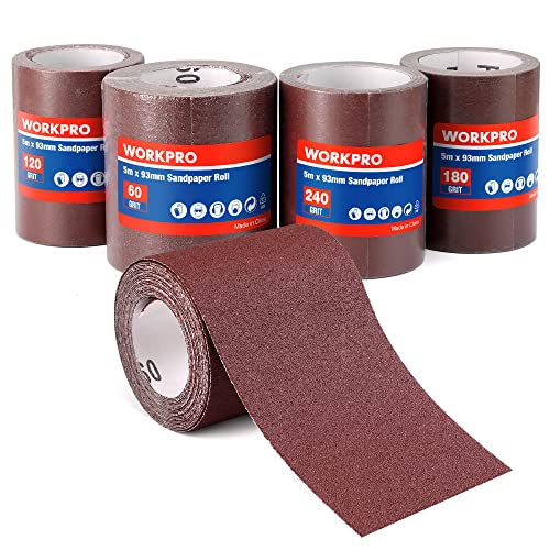 WORKPRO Schleifpapierrollen, 4 Schleifpapier Rollen 93 mm x 5 m, Körnung 60/120/180/240, für Handschleifer, Schwingschleifer, Schmirgelpapier für Holz, Metall, Farbe WORKPRO Schleifpapierrollen, 4 Schleifpapier Rollen 93 mm x 5 m, Körnung 60/120/180/240, für Handschleifer, Schwingschleifer, Schmirgelpapier für Holz, Metall, Farbe von WORKPRO