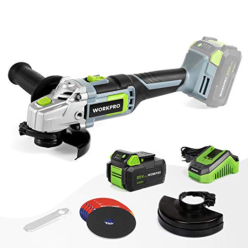 WORKPRO Winkelschleifer, kabellos, 20 V, mit Akku 4,0 Ah, Ø125 mm, elektrischer Schleifer, kabellos, leicht, mit 5 Trennscheiben, 2 Schutzkappen, Schnellladegerät und Hilfsgriff WORKPRO Winkelschleifer, kabellos, 20 V, mit Akku 4,0 Ah, Ø125 mm, elektrischer Schleifer, kabellos, leicht, mit 5 Trennscheiben, 2 Schutzkappen, Schnellladegerät und Hilfsgriff von WORKPRO