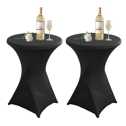 2er-Set Schwarz Stehtisch Stehtischhusse, Ø 80-85 cm Rund Stehtischdecken Elastisch Weiß Stretch Tischdecken mit Fußtaschen, für Bar Runde Tische Hochzeiten Geburtstagsfeiern Bankette - 80 x 110 cm von WORLUDE