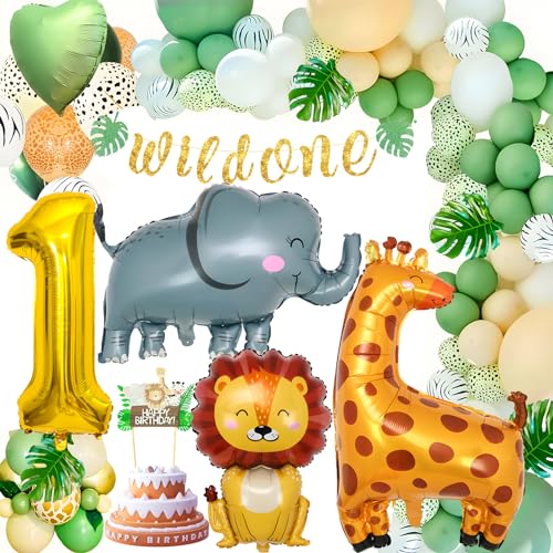 1 Jahr Geburtstag, Deko 1 Geburtstag,Kindergeburtstags Bannerdekoration Geburtstagsparty Tischdekoration Dschungelthema, Safari-Dekoration enthält Löwe, Giraffe, Elefant，Grün. von WORLUDE