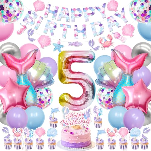 WORTHUG Meerjungfrau Thema 5. Geburtstag Party Dekorationen Supplies für Mädchen, einschließlich Banner, Luftballons, Kuchen & Cupcake Toppers für Pastell Meerjungfrau 5 Jahre alt Geburtstag Party von WORTHUG