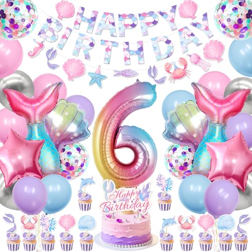 WORTHUG Meerjungfrau Thema 6 Geburtstag Party Dekorationen Supplies für Mädchen, einschließlich Banner, Luftballons, Kuchen & Cupcake Toppers für Pastell Meerjungfrau 6 Jahre alt Geburtstag Party von WORTHUG
