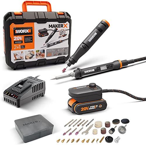Kit MakerX Rotationswerkzeug + Lötkolben 20 V WORX | PowerShare | WX988-1 2Ah Akku mit Indikator, 1 Ladegerät von WORX