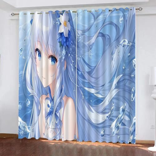WOSUBI Anime Girl Blickdichte Vorhang 160x140cm Breite Blau Gardinen Vorhänge Ösen Rauschminderung Schlafzimmer Wohnzimmer Junge Mädchen Wärmeisolierend von WOSUBI
