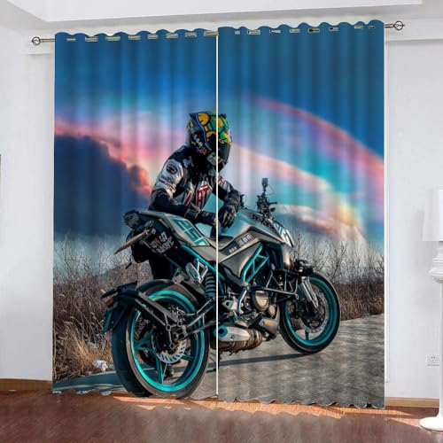 WOSUBI Rennblau Blickdichte Vorhang 160x140cm Breite Moto-Cross Gardinen Vorhänge Ösen Rauschminderung Schlafzimmer Wohnzimmer Junge Mädchen Wärmeisolierend von WOSUBI