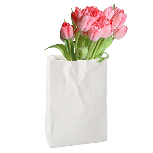 Crinkle Keramikvase – Buch Blumenvase – weiße Papiertüte Keramikvase, einzigartige quadratische breite Öffnung, plissiert, kleine Vasen für Zuhause von WOTEG