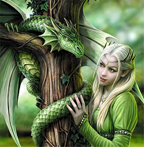 5D Diamond Painting Diamant Malerei Painting Bilder, Wowdecor Grün Drachen Mädchen Full Set Groß DIY Diamant Gemälde Malen Nach Zahlen von WOWDECOR