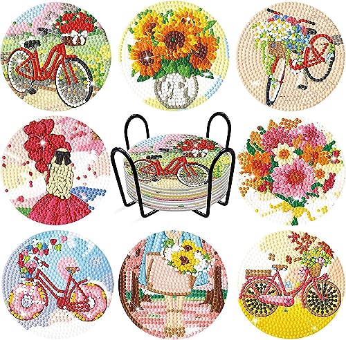 Diamond Painting Untersetzer mit Halter 8 Stück, WOWDECOR DIY Bunte Blume Tischuntersetzer Glasuntersetzer 5D Diamant Painting Coaster für Gläser Tassen Auto Mosaik (leuchtende Blumen) von WOWDECOR