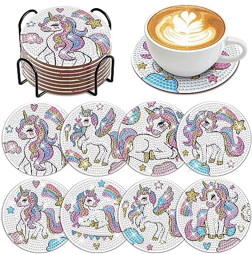 WOWDECOR Diamond Painting Untersetzer mit Halter 8 Stück, DIY Einhorn Tischuntersetzer Glasuntersetzer 5D Diamant Painting Coaster für Gläser Tassen Auto Mosaik (Einhorn) von WOWDECOR