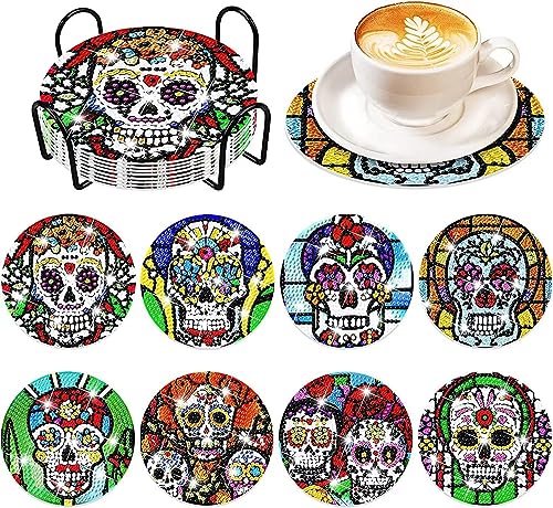 Diamond Painting Untersetzer mit Halter 8 Stück, WOWDECOR DIY HalloweenTischuntersetzer Glasuntersetzer 5D Diamant Painting Coaster für Gläser Tassen Auto Mosaik (Halloween) von WOWDECOR