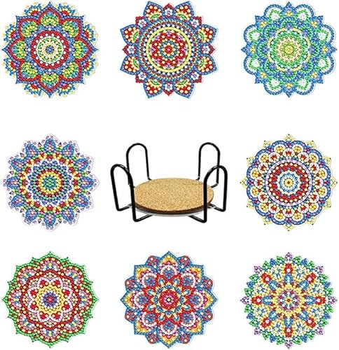 Diamond Painting Untersetzer mit Halter 8 Stück, WOWDECOR DIY Mandala Tischuntersetzer Glasuntersetzer 5D Diamant Painting Coaster für Gläser Tassen Auto Mosaik (Mandala) von WOWDECOR