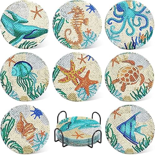 Diamond Painting Untersetzer mit Halter 8 Stück, WOWDECOR DIY Ozean Tischuntersetzer Glasuntersetzer 5D Diamant Painting Coaster für Gläser Tassen Auto Mosaik (Ocean) von WOWDECOR