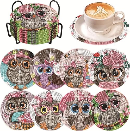 Diamond Painting Untersetzer mit Halter 8 Stück, WOWDECOR DIY Süße Eule Tischuntersetzer Glasuntersetzer 5D Diamant Painting Coaster für Gläser Tassen Auto Mosaik (Cute owl) von WOWDECOR