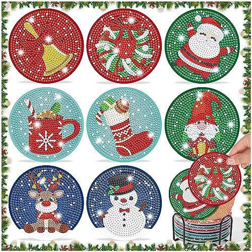 Diamond Painting Untersetzer mit Halter 8 Stück, WOWDECOR DIY Weihnachtskranz Tischuntersetzer Glasuntersetzer 5D Diamant Painting Coaster für Gläser Tassen Auto Mosaik (Chrismas Garland) von WOWDECOR