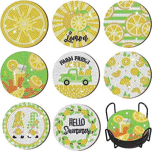 WOWDECOR Diamond Painting Untersetzer mit Halter 8 Stück, DIY Zitrone Tischuntersetzer Glasuntersetzer 5D Diamant Painting Coaster für Gläser Tassen Auto Mosaik (Zitrone) von WOWDECOR
