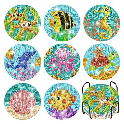 Diamond Painting Untersetzer mit Halter 8 Stück, WOWDECOR DIY bunter Ozean Tischuntersetzer Glasuntersetzer 5D Diamant Painting Coaster für Gläser Tassen Auto Mosaik (bunter Ozean) von WOWDECOR