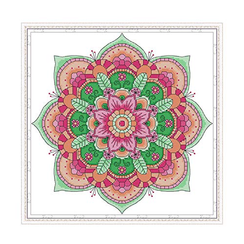 Kreuzstich-Set für Erwachsene, Anfänger, vorgedruckt, WOWDECOR bunte Mandala-Blumen, 14 Karat gestempelt, fortschrittliches DIY-Stickset mit Muster von WOWDECOR