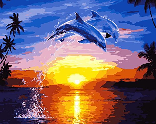 Paint By Numbers Kits, Number Wowdecor Painting Dolphin Sunset Sea Landscape 40 x 50 cm von WOWDECOR