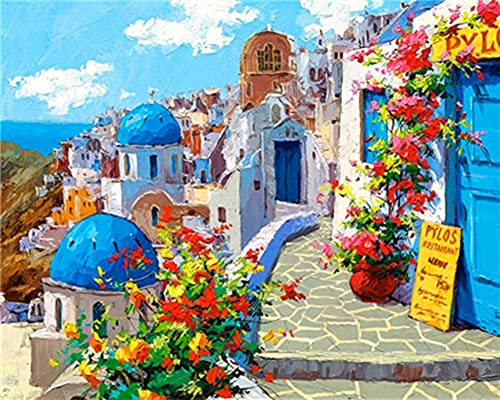 WOWDECOR Art Supplies Malen-nach-Zahlen-Set, Griechenland, blau-weiße Hausblumen, 40 x 50 cm, mit Malpinseln, Leinwand (ohne Rahmen) von WOWDECOR