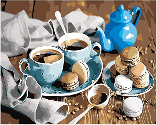 WOWDECOR DIY Malen nach Zahlen Kits Geschenk für Erwachsene Kinder, Malen nach Zahlen Home Haus Dekor - Kaffee Makrone Keks Tasse Teekanne 16 x 20 Zoll (X7043, Rahmen) von WOWDECOR