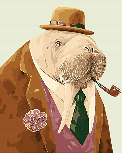 WOWDECOR DIY Malen nach Zahlen für Erwachsene Kinder Mädchen, Walross Anzug Pfeife Gentleman 40x50cm Vorgedruckt Leinwand-Ölgemälde (ohne Rahmen) von WOWDECOR