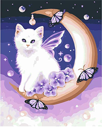WOWDECOR DIY Malen nach Zahlen für Erwachsene Kinder Mädchen, WowdecorKatze mit Schmetterling Mond 40x50 cm Vorgedruckt Leinwand-Ölgemälde (ohne Rahmen) von WOWDECOR
